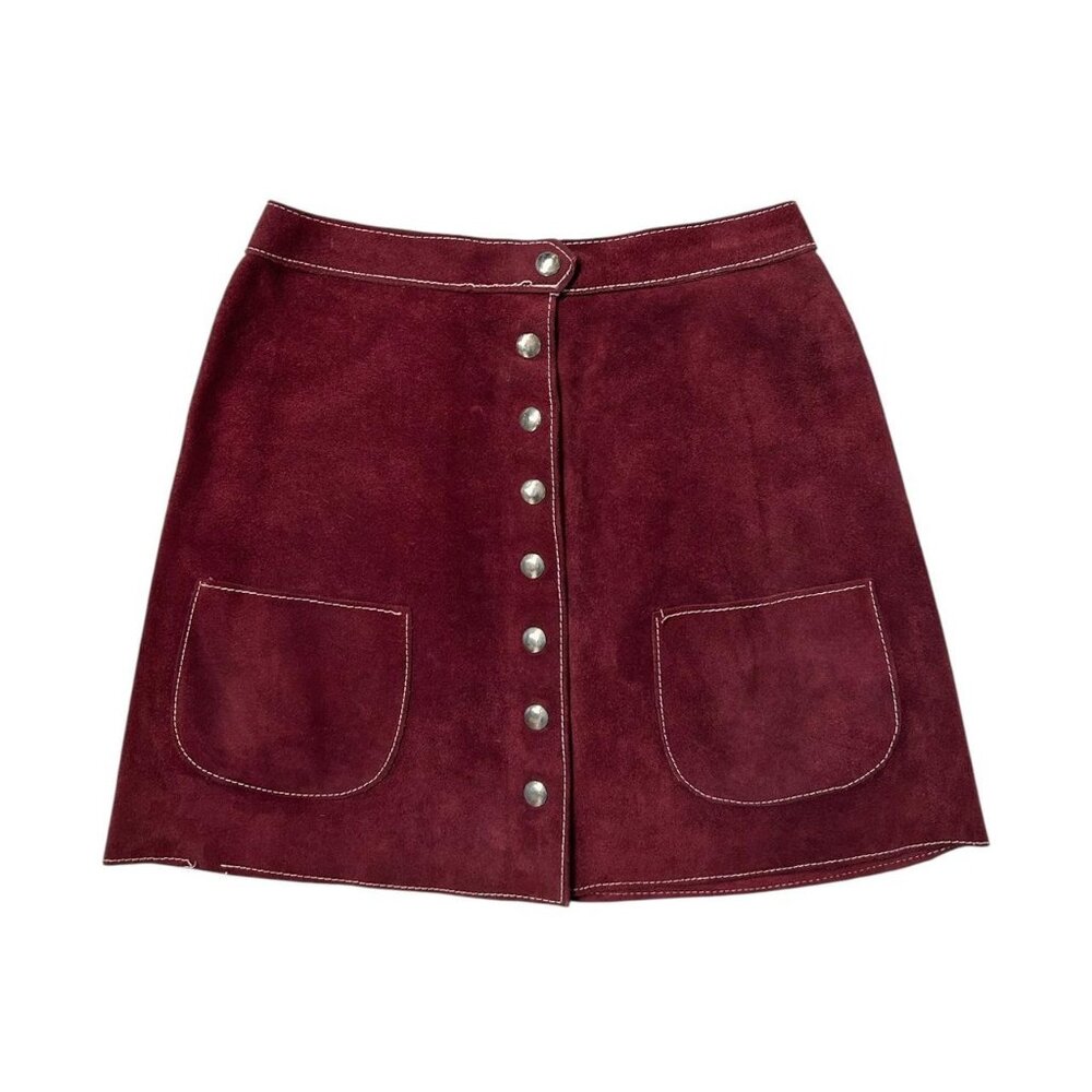 70s vintage suede button up mini skirt boho hippy festival leather burgundy.